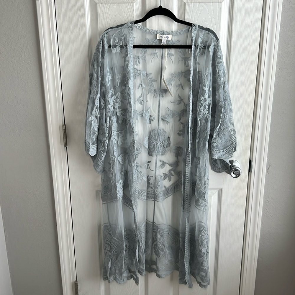 NWT Vici Sheer Mesh Lace Duster Dusty Blue
